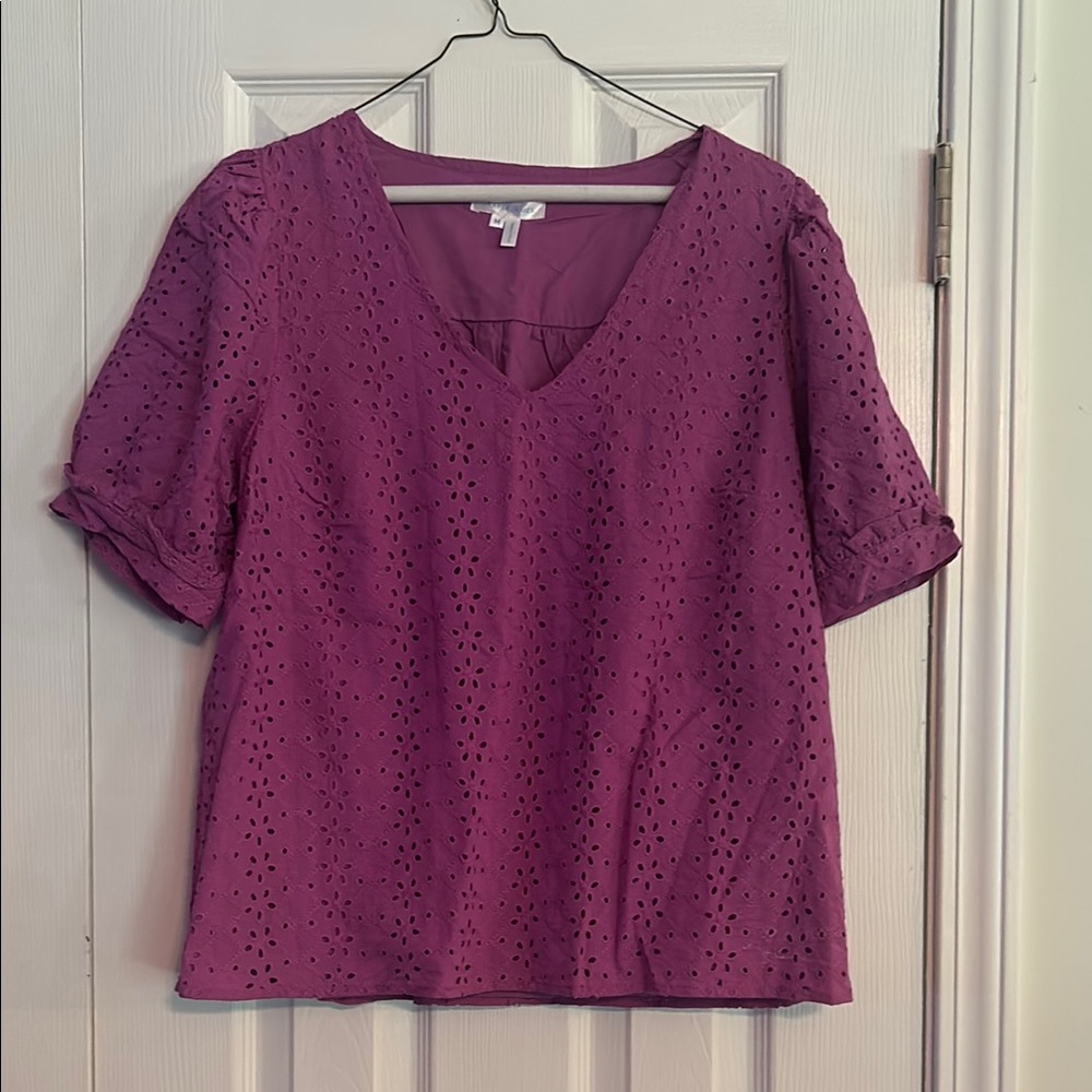 Draper James purple eyelet short sleeve blouse; size Medium